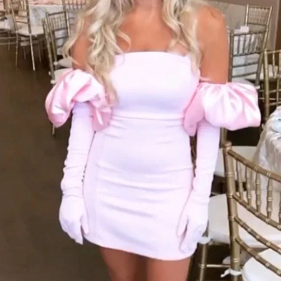 Dresses | Baby Pink Dress With Gloves And Puff Sleeve | Poshmark